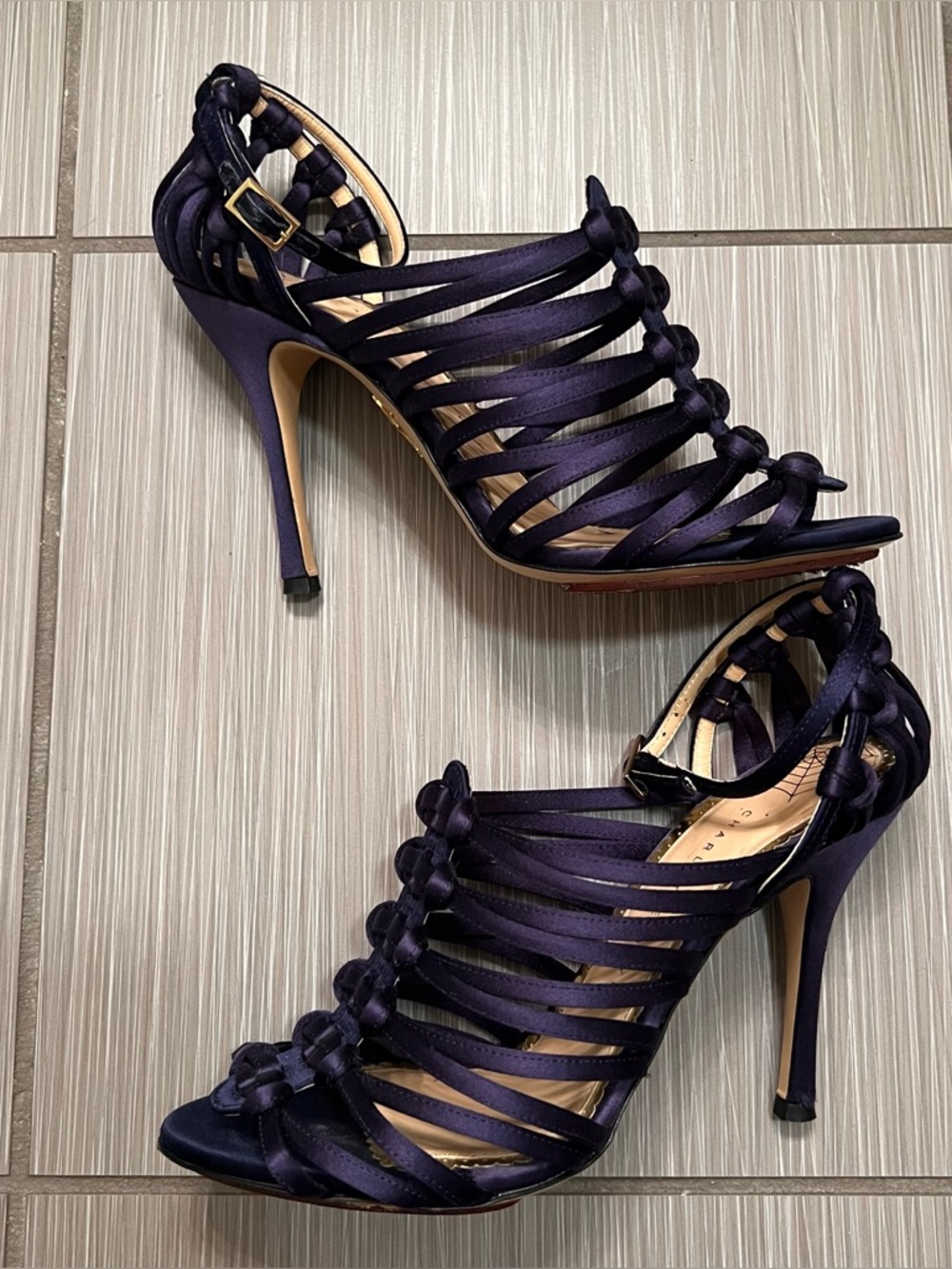 Charlotte Olympia navy web collection stiletto satin braided heels shoes 8